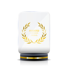 Realistic glass and acrylic award collection on transparent background. Includes winner trophies, crystal medals, success plates and championship plaques for sport or business prizes.