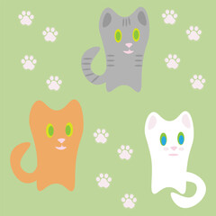 Obraz premium Three cute kittens, gray, white, and red. They are sitting on a green background