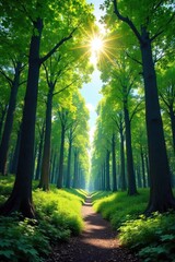 Obraz premium Majestic canopy of trees reaching towards a vibrant, azure sky Sunlight filters through leaves, creating dappled shadows on the forest floor A serene and peaceful natural landscape , green, shadows