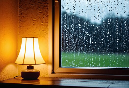 Portrait of a cozy lamp on the table near the window with rain falling outside and copy space