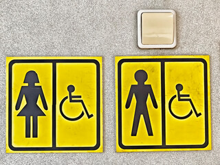 Accessible restroom signs for men, women, and individuals with disabilities displayed on a textured...