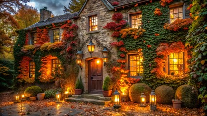 Fototapeta premium A charming stone house adorned with vibrant autumn ivy and glowing lanterns on a crisp fall evening
