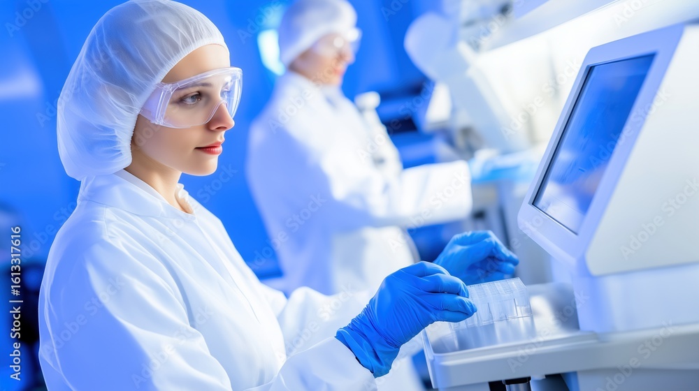 Poster laboratory scientist operating automated diagnostic equipment image. lab technician in gloves and go