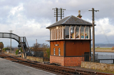 Old Preserved Signal Box and Pedestrian Bridge  at Heritage Railway Station 