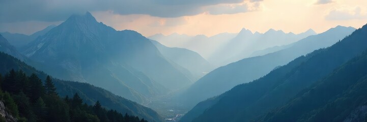 Fototapeta premium Misty mountain peaks shrouded in a smoky haze, creating an ethereal and mysterious atmosphere Sunlight filters through the clouds, illuminating the rugged terrain , travel, elevated