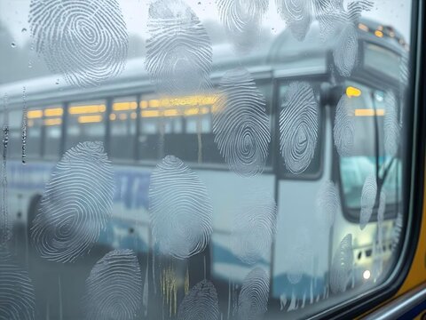A foggy bus window with water condensation and smudged fingerprint trails, looking out onto a blurry, moody cityscape