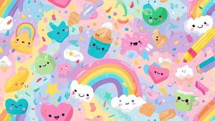 Obraz premium Doodle Pastel Seamless Art Pattern with Cute Expressions and Hearts