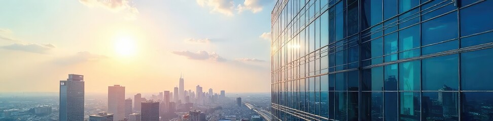 Fototapeta premium Modern glass skyscraper office building, iconic city landmark, reflecting sunlight, architectural detail, urban skyline backdrop , urban, business, shadows