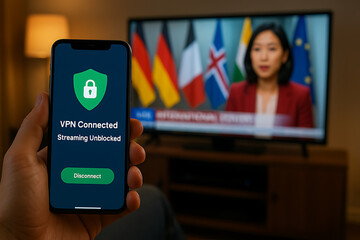 Hand Holding Smartphone with VPN Connected Status for Unblocked Streaming Content on TV