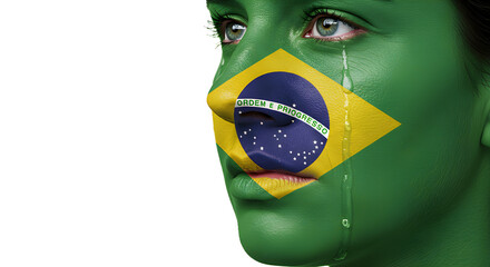 Brazilian soccer fan with the national flag painted on their face, a vibrant symbol of their country's passion for football