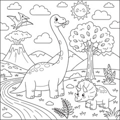 Viral Cute Dinosaur Landscape Printable Coloring Page for Kids Educational Playing Vector Art editable design for t-shirt and multipurpose use in high definition format