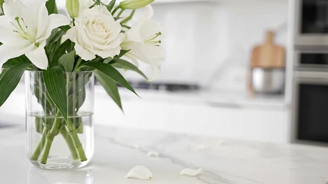 A vase of white lilies and a rose sit on a marble kitchen counter with a modern oven in the background
