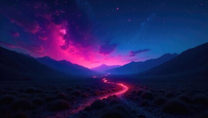 Obraz premium Mysterious nocturnal glow illuminating a dark landscape, ethereal light painting the night sky and ground with an otherworldly radiance , cosmic, light, illumination
