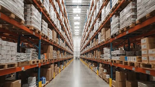 A warehouse interior features orange metal shelving racks filled with cardboard boxes and pallets wrapped in clear plastic