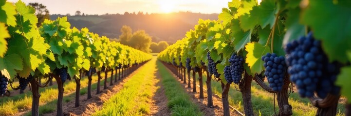 Naklejka premium Rows of lush grapevines stretching across a sun-drenched vineyard, ripe grapes hanging heavy on the vines, ready for harvest The idyllic scene showcases the beauty of wine country , rural, autumn