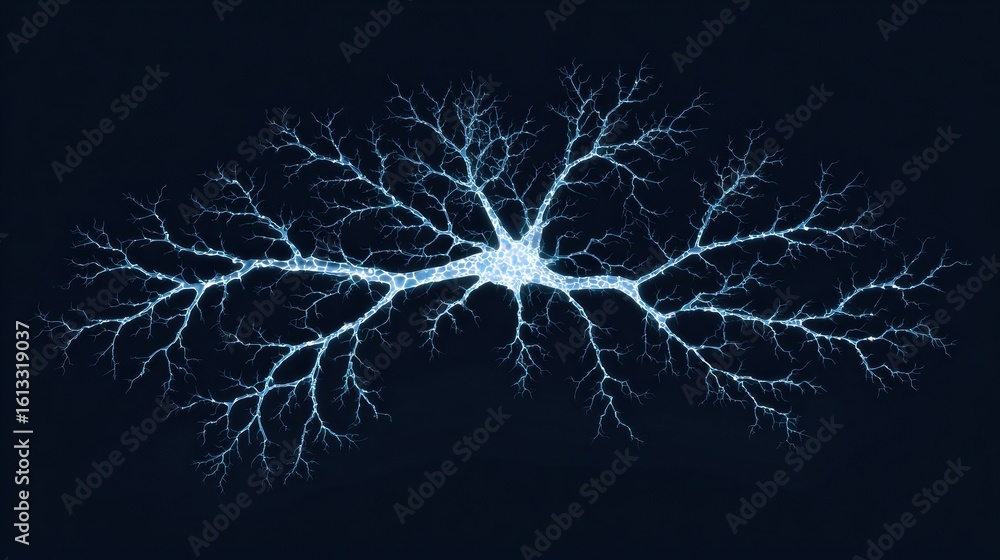 Poster glowing neuron web illustrates neural connections forming intricate brain map with a clean right thi