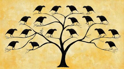 Evolutionary tree with twelve branches ending in anteater skulls against cave art.