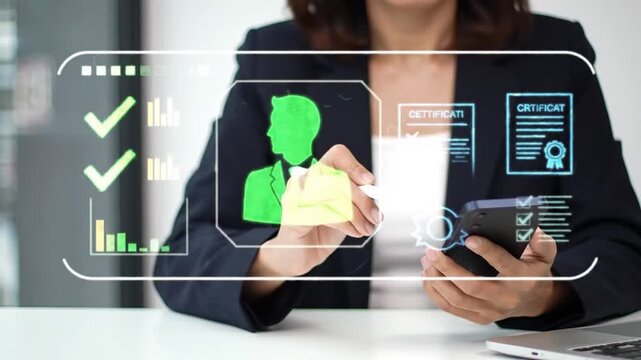 A businessman using smart technology to verify digital identity, KYC documents, and approve online profiles, representing secure authentication and onboarding in digital business platforms