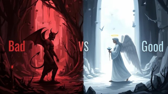 Demon representing bad faces an angel representing good in a conceptual depiction of a moral choice, footage for conflict.
