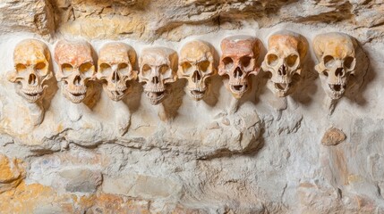 Evolutionary tree with twelve branches ending in anteater skulls against cave art.