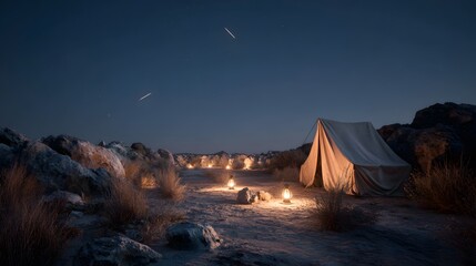 Nighttime desert campsite illuminated soft lantern glow scattered stone dry brush surroundings minimalistic tent design shooting star visible clear sky photo realistic shadowing detailed desert