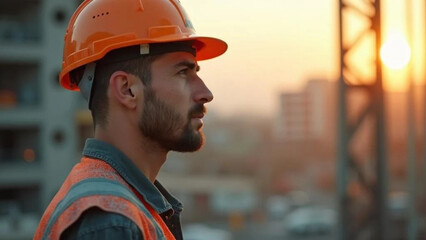 Construction worker with ornage hardhat on construction site. 