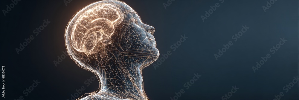 Aufkleber minimal wireframe head design showcasing highlighted brain region against a blank background