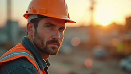 Construction worker with ornage hardhat on construction site. 