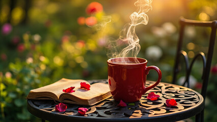 Hot coffee in red cup on table with book and rose petals, Relaxing moment with coffee and a book outdoors, Steamy coffee on table with rose petals in garden

