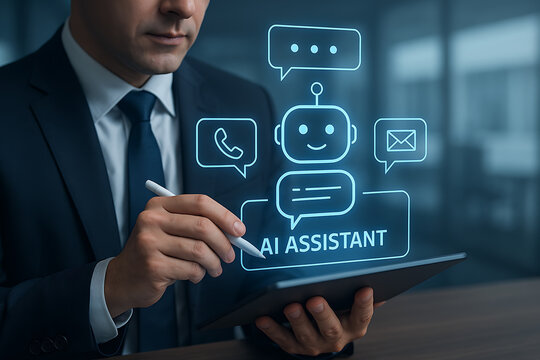 Businessman using tablet with ai assistant hologram, digital chatbot and virtual support technology for business communication and help