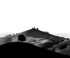 Silhouette landscape scene rolling hills black and white isolated on transparent background, png