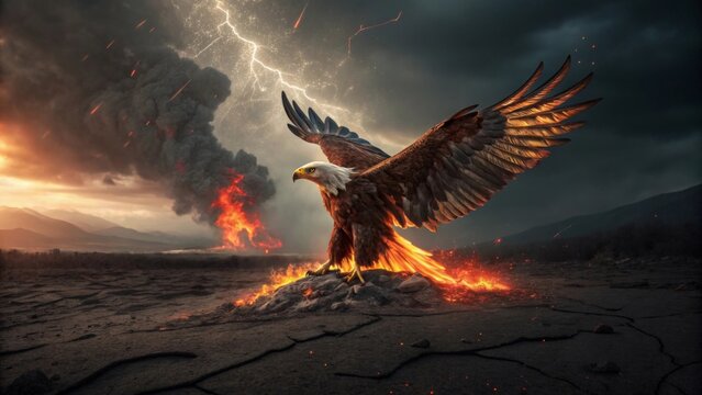 An eagle standing amidst fire and lightning in a desolate landscape with dark storm clouds
