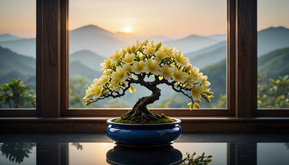 Golden Chinese Lantern and Flower Displayed in a Window with Decorative Dragon Motif