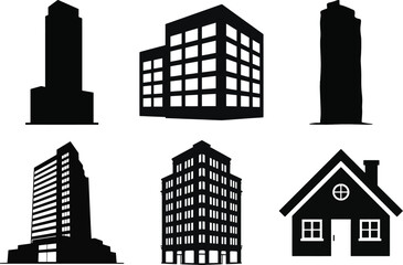 Obraz premium Building silhouette vector collection with house, apartment, and office building designs for city and real estate themes.