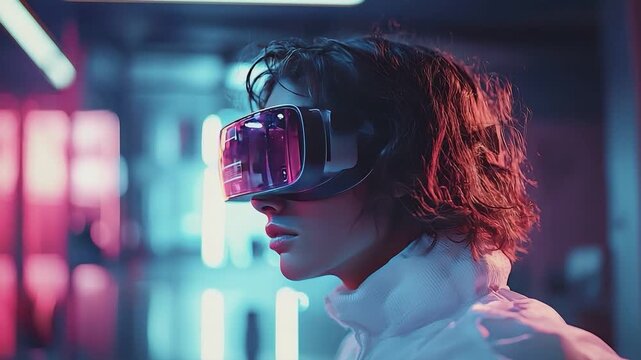 Immersed in Virtual Reality: A young individual, captured in a profile view, is entirely engrossed within the digital realms of a virtual reality headset. Vivid neons cast an alluring glow.
