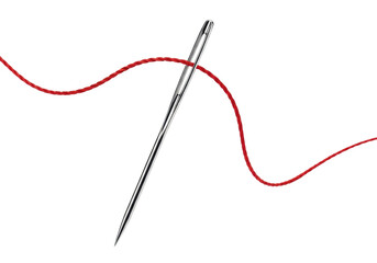 Sleek silver-toned steel sewing needle with a vibrant red thread intricately winding and curling across a pristine transparent studio background, captured with sharp focus and high contrast, concept