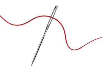Sleek silver-toned steel sewing needle with a vibrant red thread intricately winding and curling across a pristine transparent studio background, captured with sharp focus and high contrast, concept