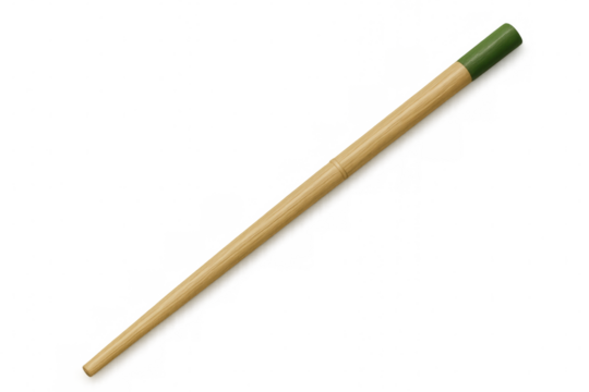 Realistic vector illustration of a single bamboo wood stylus pen with green rubber tip, lying diagonally on a transparent background
