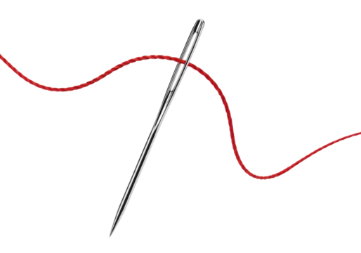 Sleek silver-toned steel sewing needle with a vibrant red thread intricately winding and curling across a pristine transparent studio background, captured with sharp focus and high contrast, concept