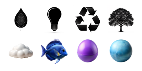 Collection of four icons depicting a camera with graphs, film editing, and a virus isolated on transparent background
