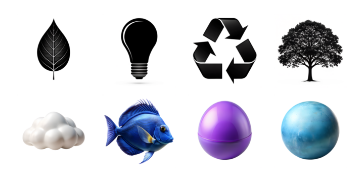 Collection of four icons depicting a camera with graphs, film editing, and a virus isolated on transparent background