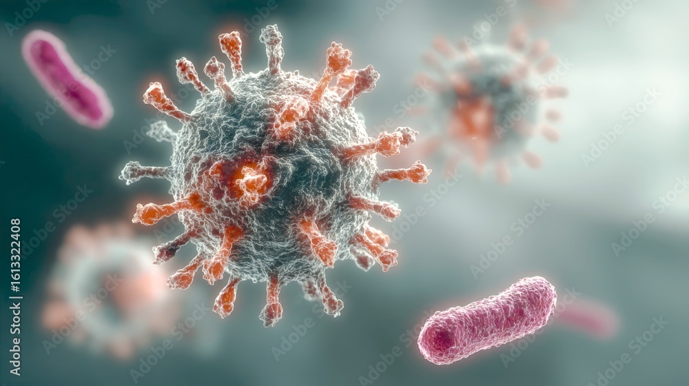 Poster a virus is shown in a 3d image with a pink and orange bacterium. the virus is surrounded by a cloud 
