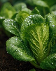 Green romaine lettuce dew, green romaine lettuce close-up, green romaine lettuce garden, Dewy Lettuce in Organic Garden, Fresh Romaine Close-up for Healthy Eating, Natural Greens with Water Droplets