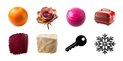 A collage of lifestyle elements including perfume, autumn coffee, and abstract smoke isolated on transparent background