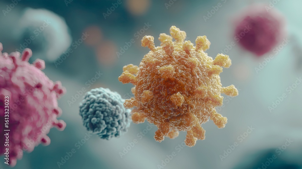 Poster a close up of a virus with a pink and purple blob in the background. the virus is surrounded by a pi