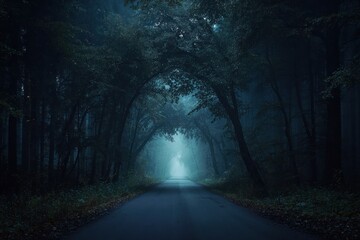 Obraz premium Mysterious Foggy Forest Road at Night