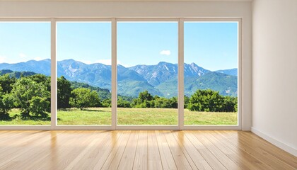 Fototapeta premium Modern and minimalist empty room with a wooden floor and a large window showing a beautiful mountain landscape view.