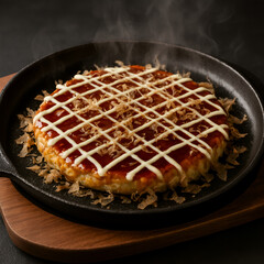 熱々のお好み焼きを鉄スキレットで提供｜甘辛ソースとマヨネーズの網掛けが光る黄金色の表面、かつお節が踊る香ばしい関西風粉もの料理｜木製ボードに乗せて