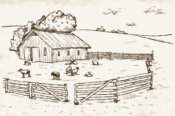 Hand-drawn landscape in vintage style with a wooden house and sheep in a cattle pen on a light background with texture.
