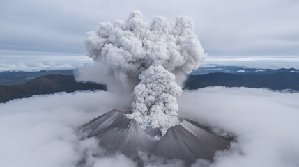 Volcanic Eruption: Towering ash plume ascends from a volcano amidst a sea of clouds, nature's power on display against a dramatic sky.